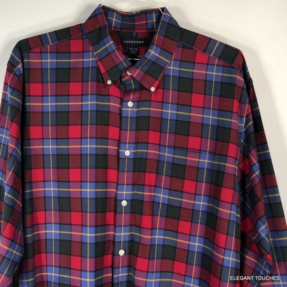 Lands' End Tailored Fit Plaid Button Down Shirt XL Long Sleeve 17.5" Multi-Color